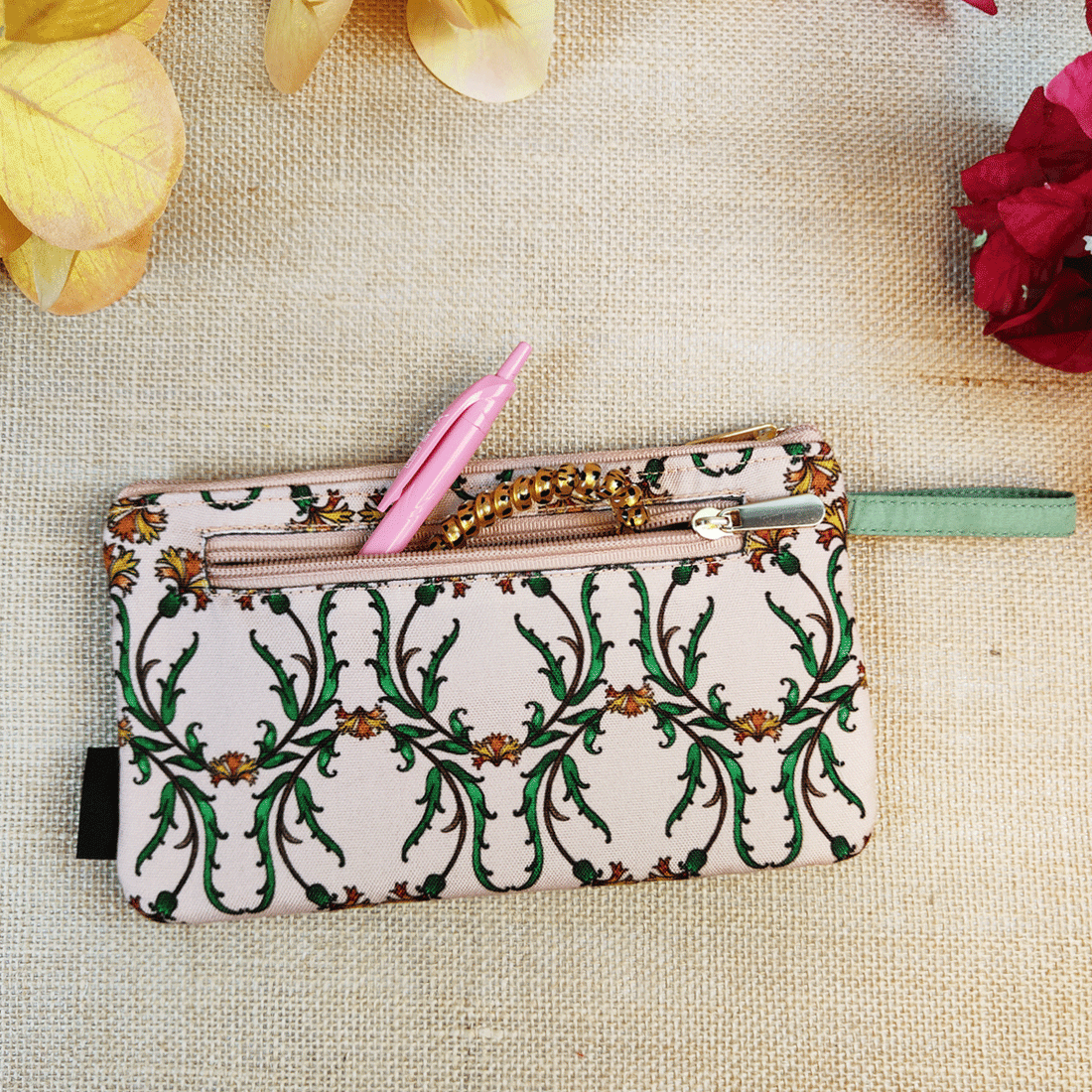 Long front card Wallet-Peach Green Persian Garden