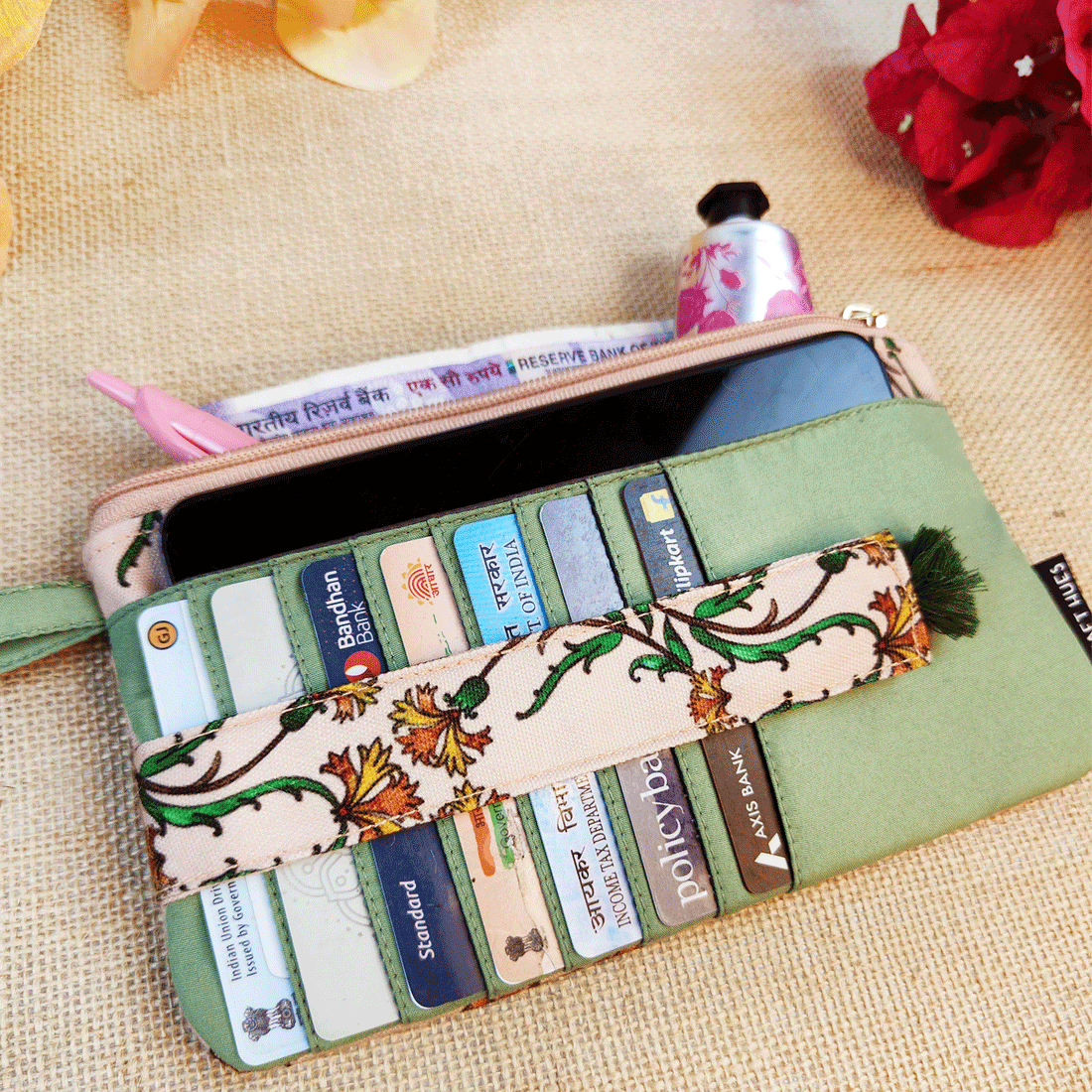 Long front card Wallet-Peach Green Persian Garden