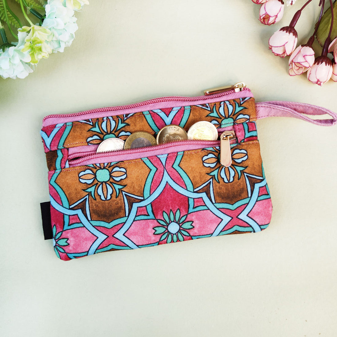 Long Mini Wallet- Pink Tile