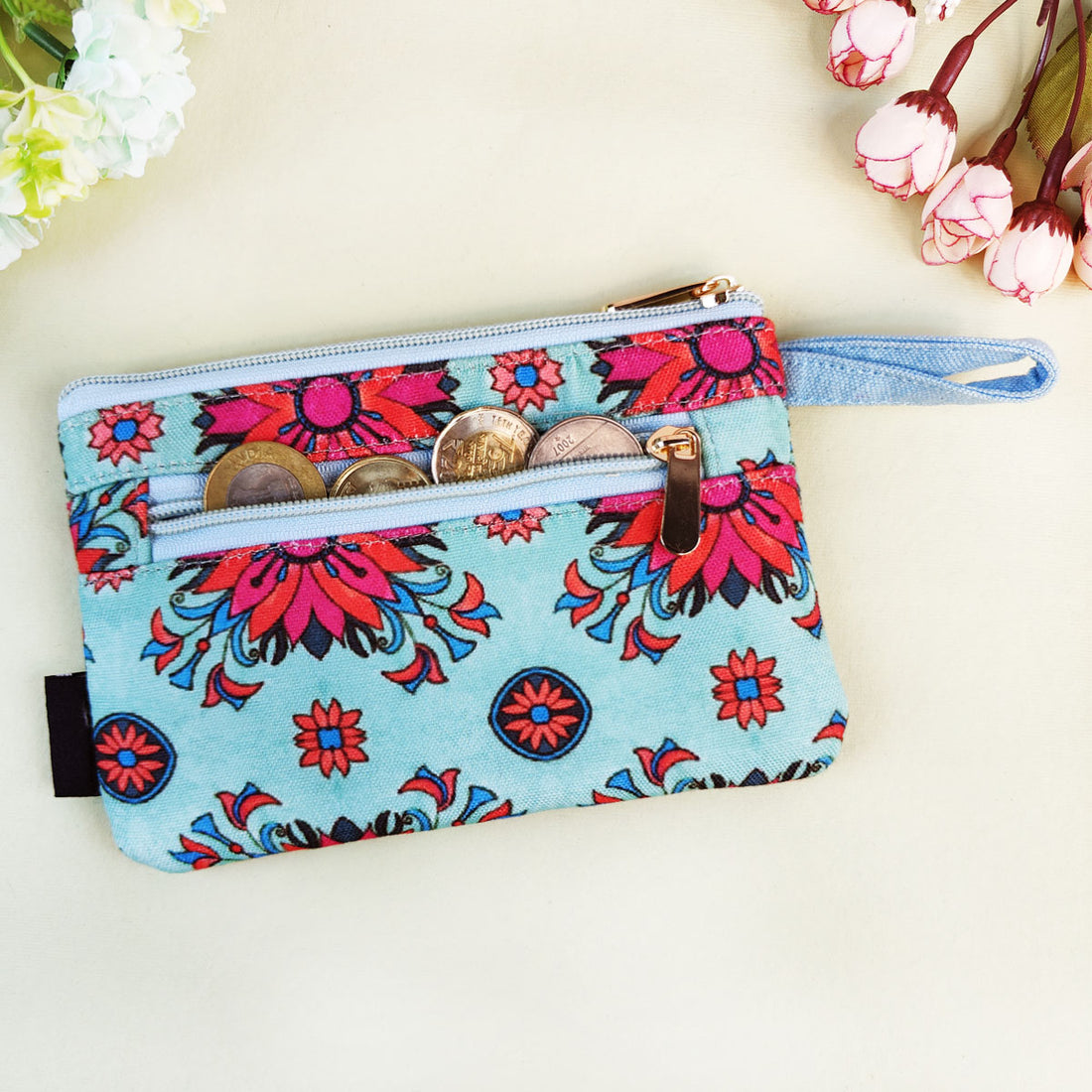 Long Mini Wallet- Red Teal Tile