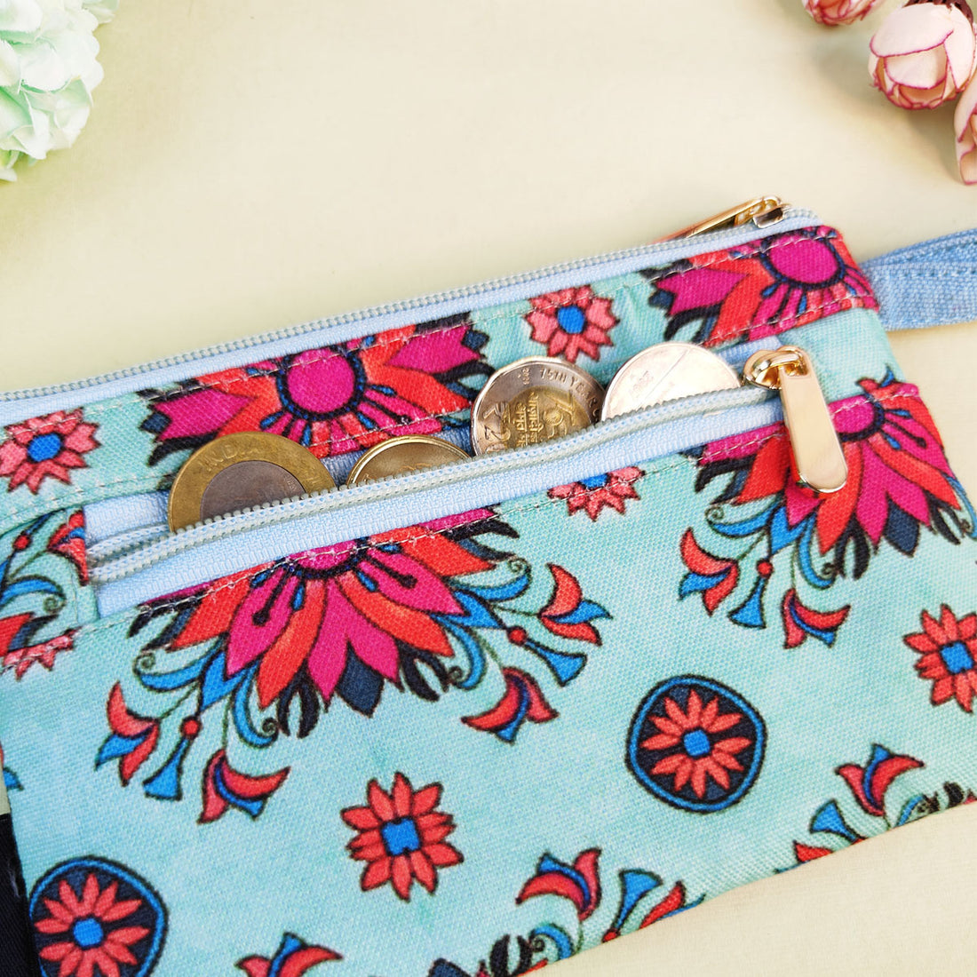 Long Mini Wallet- Red Teal Tile