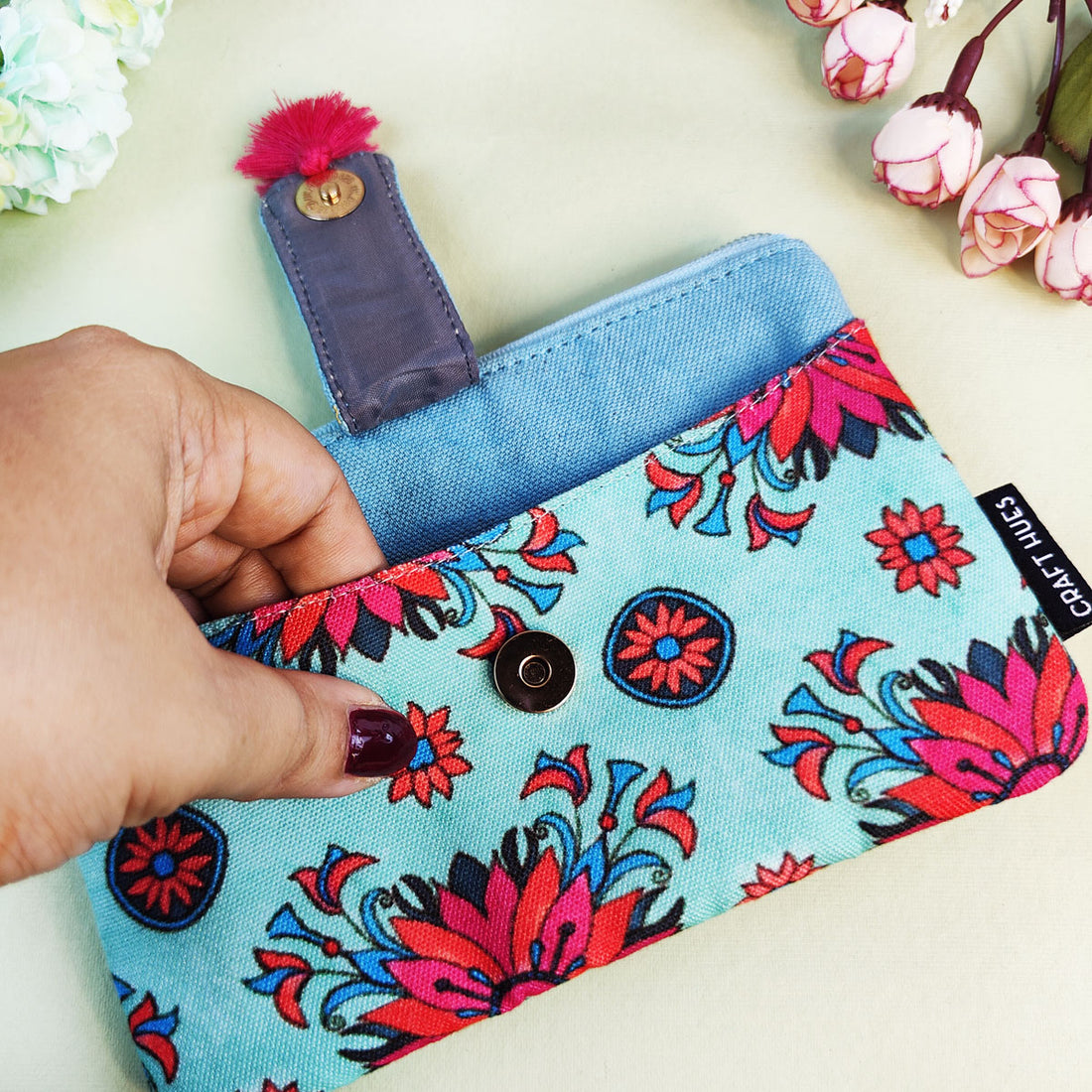 Long Mini Wallet- Red Teal Tile