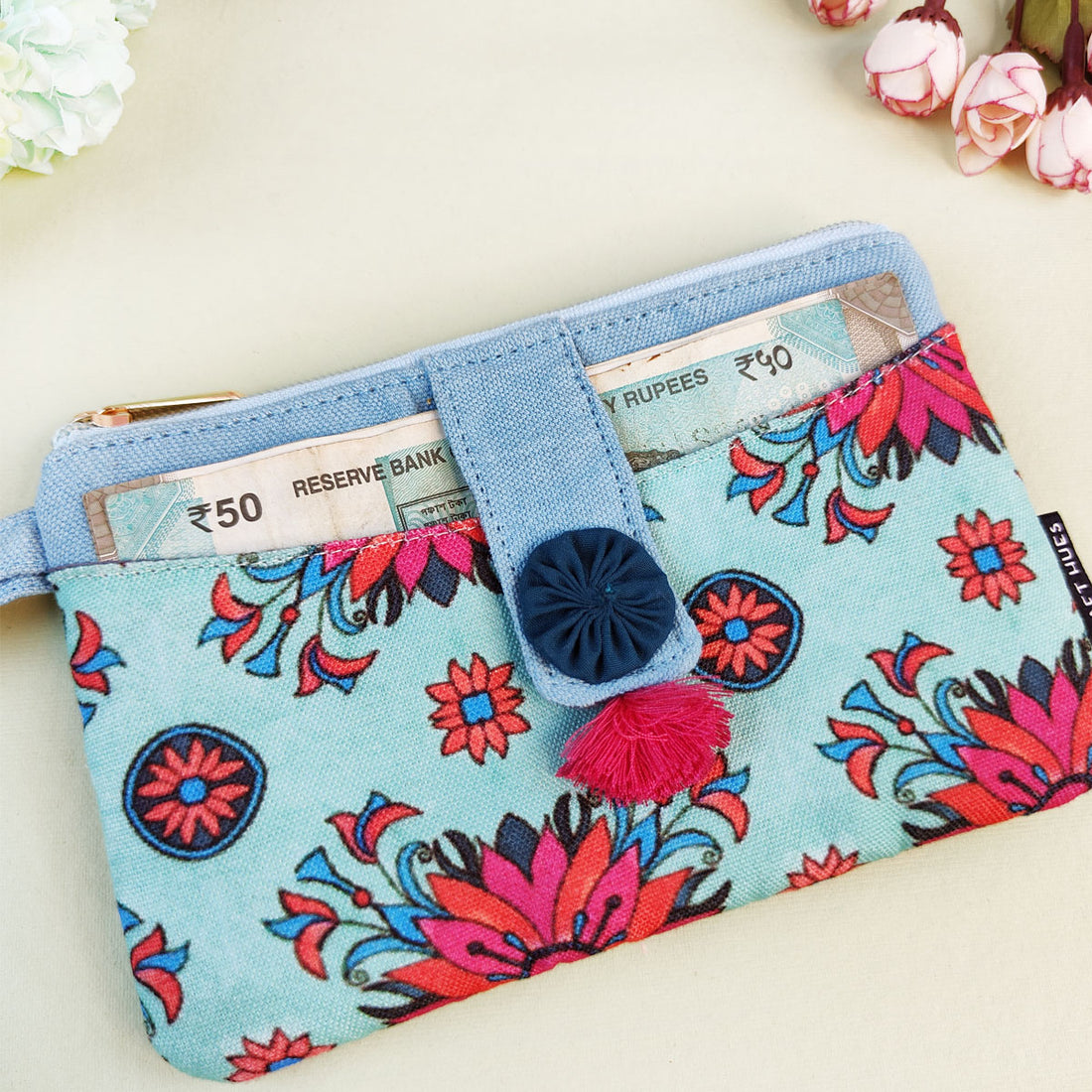 Long Mini Wallet- Red Teal Tile