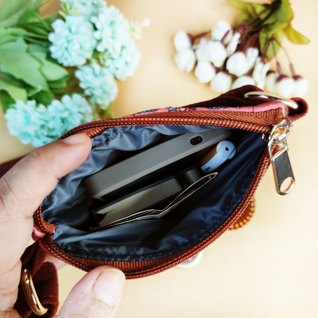 Maroon Triangles Godna Art Quilted Sling Bag