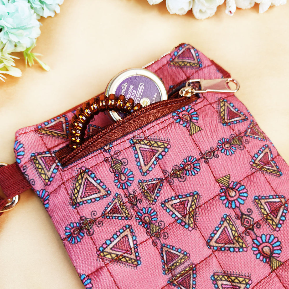 Maroon Triangles Godna Art Quilted Sling Bag