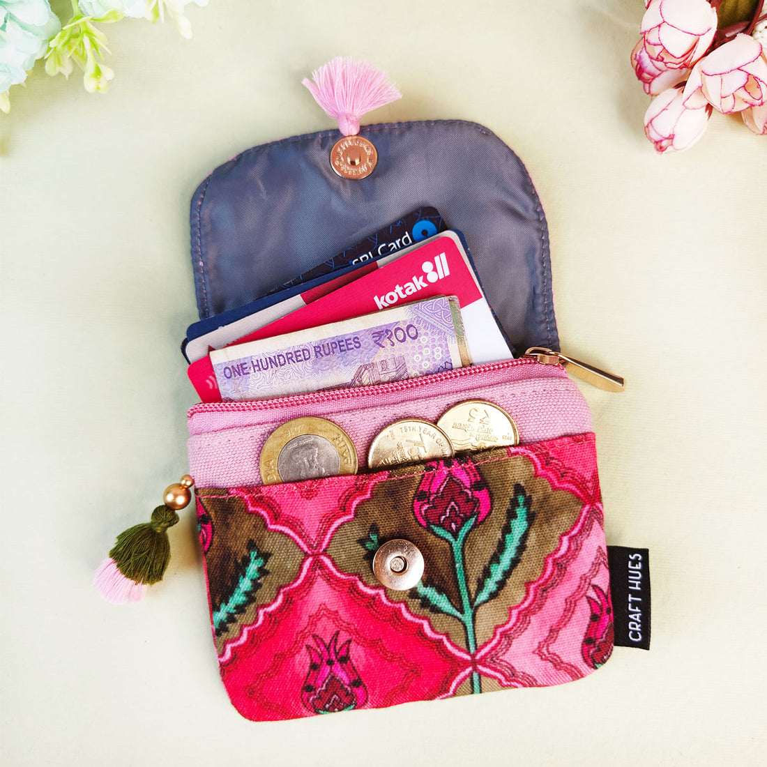 Mini Flap Wallet- Jaipuri Pink Lotus
