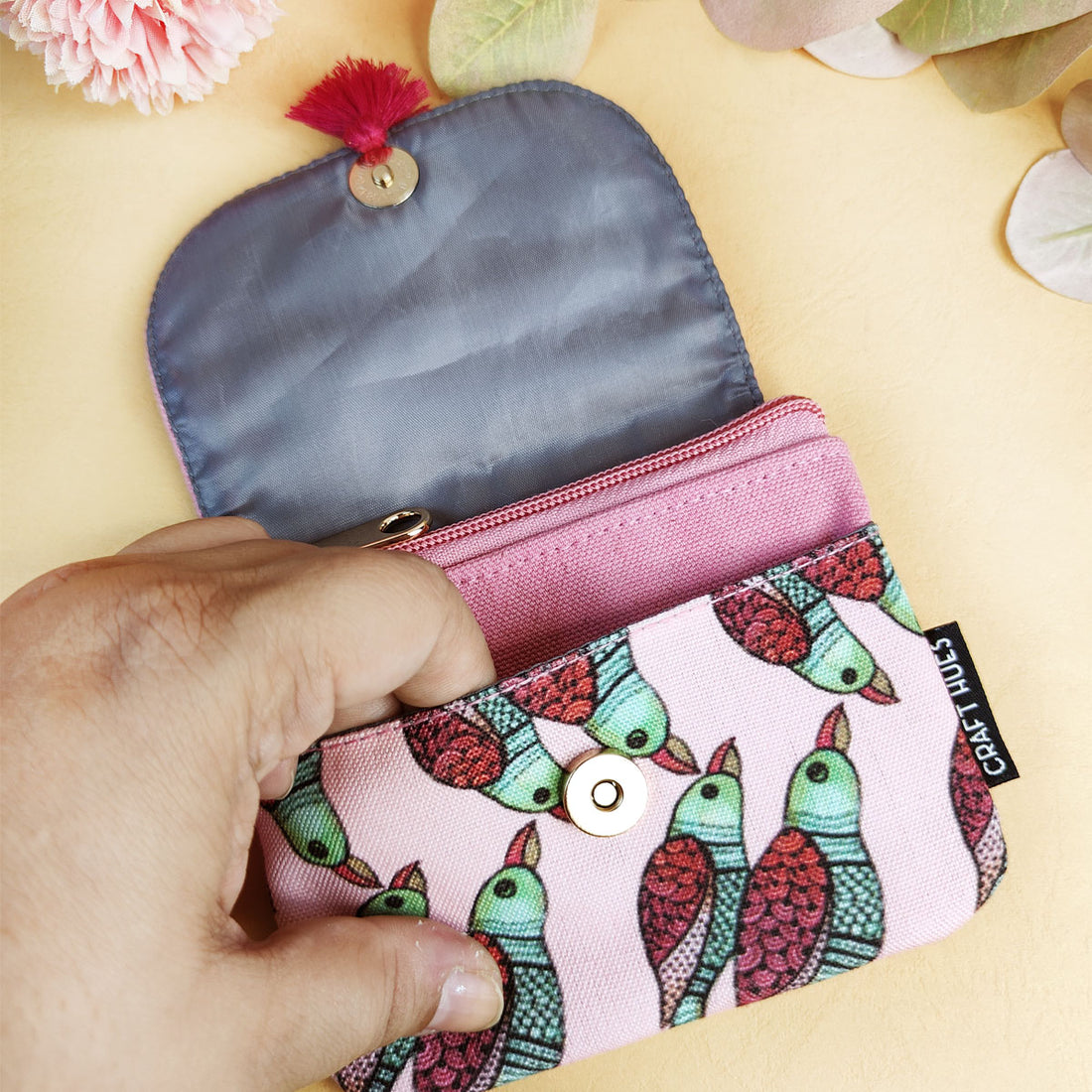 Mini wallet- Gond Pink Parrot