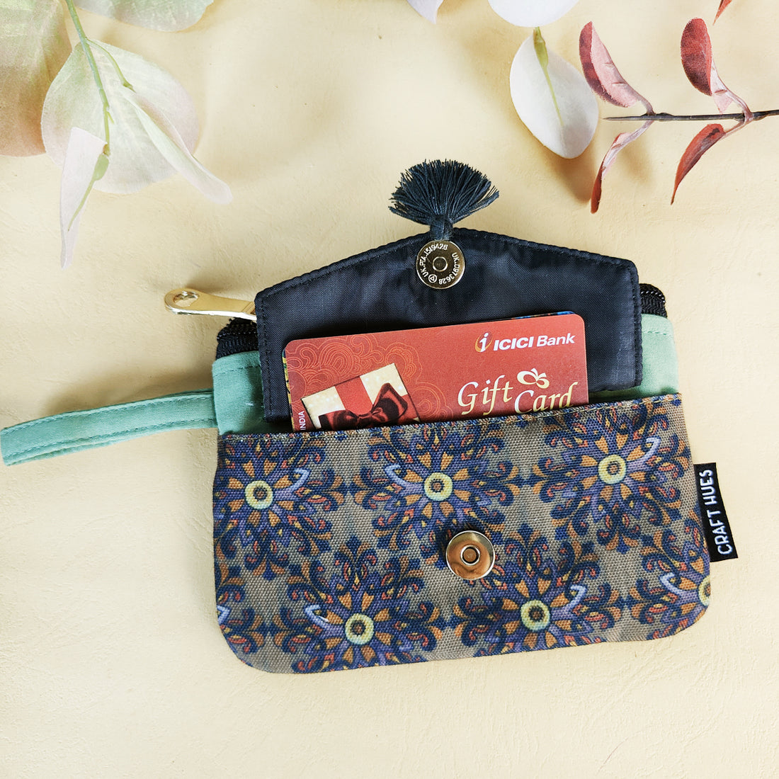 Front Flap Mini Wallet - Grey madhubani / Green Knot