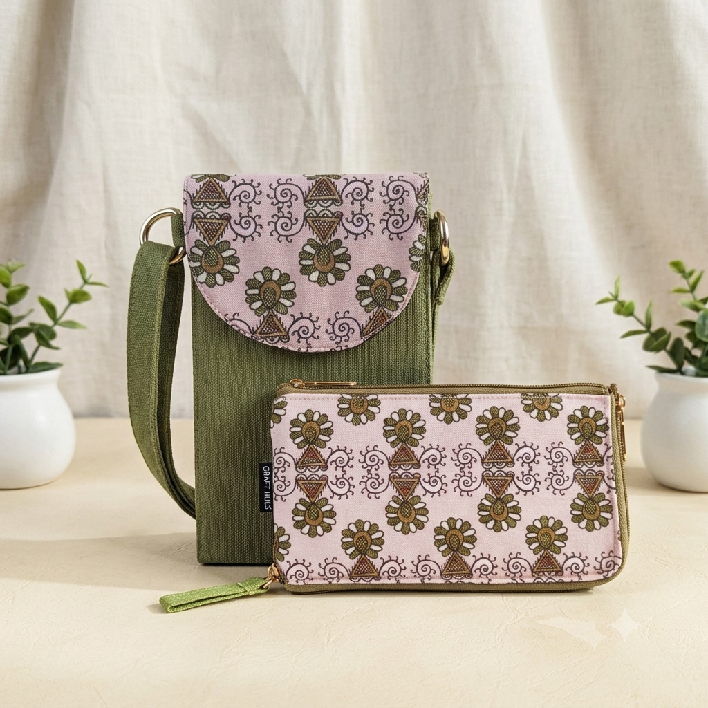 Olive Green Godna Sling Wallet Combo