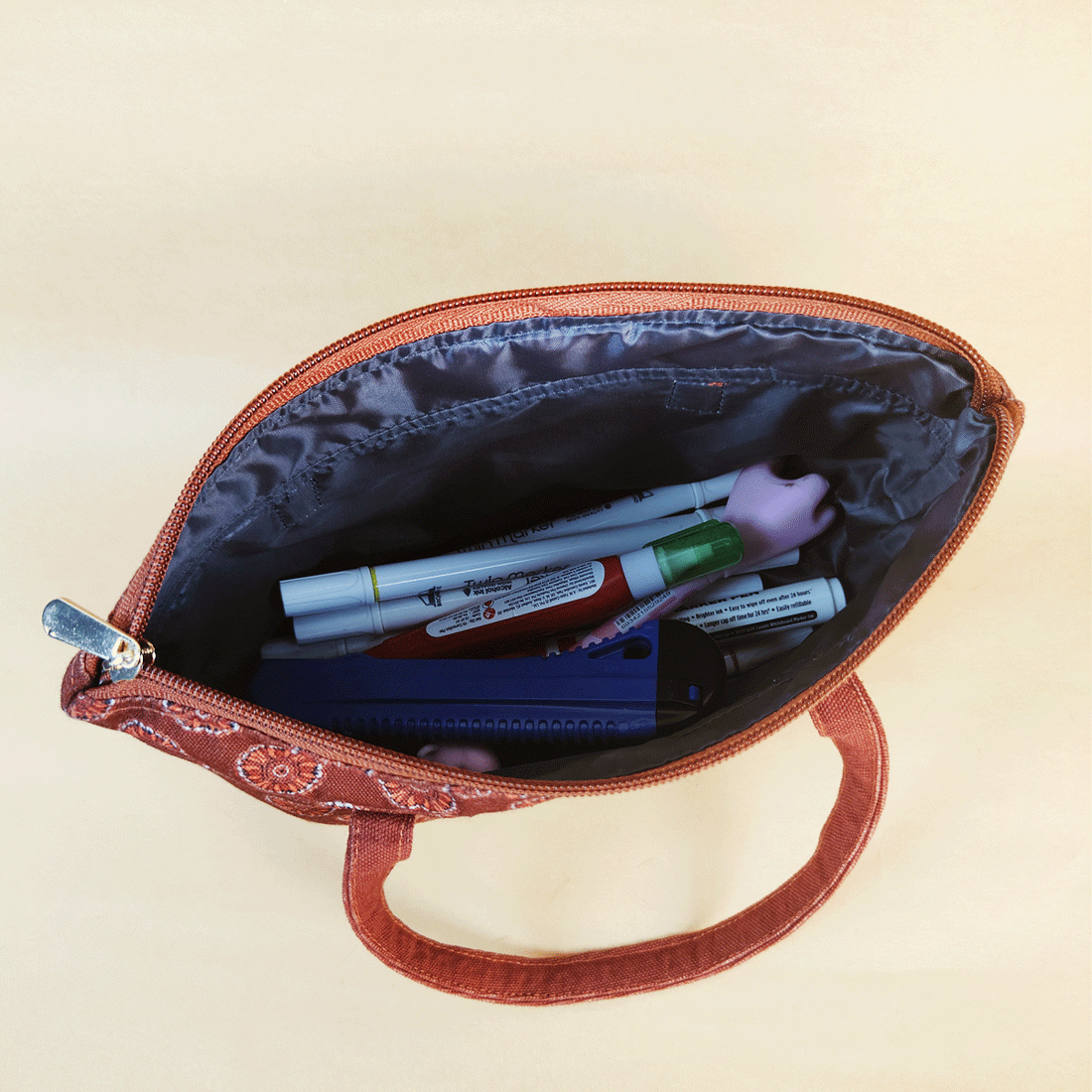 Multi-Purpose Pouch Organizer - Rust Madhubani Circle