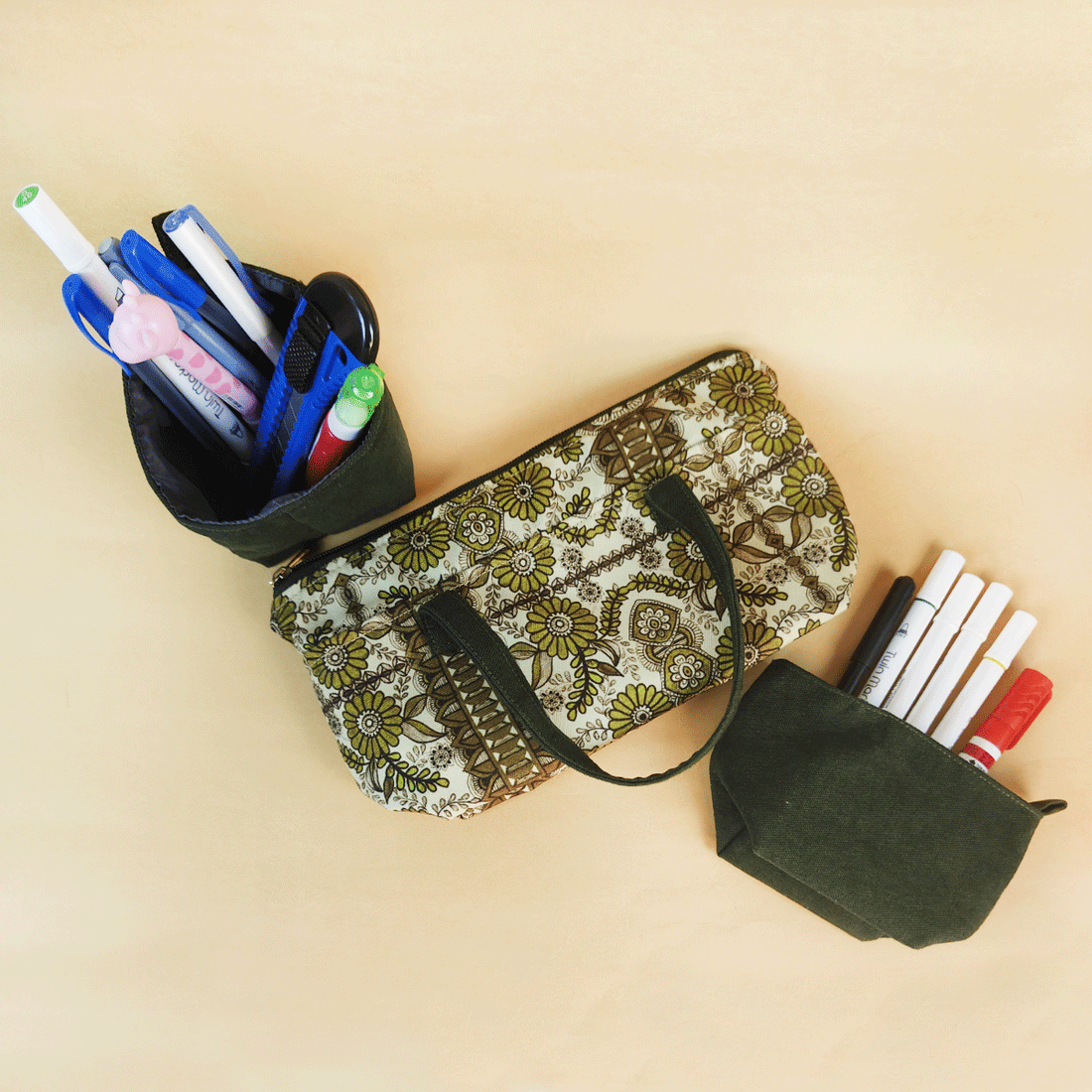 Multi-Purpose Pouch Organizer - Green Madhubani Flower