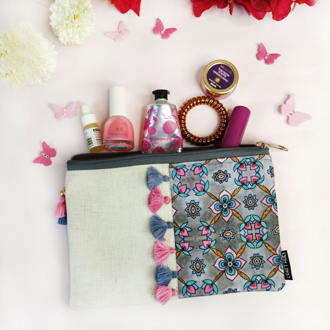 Multi-Purpose Pouch- Grey Pink Flower