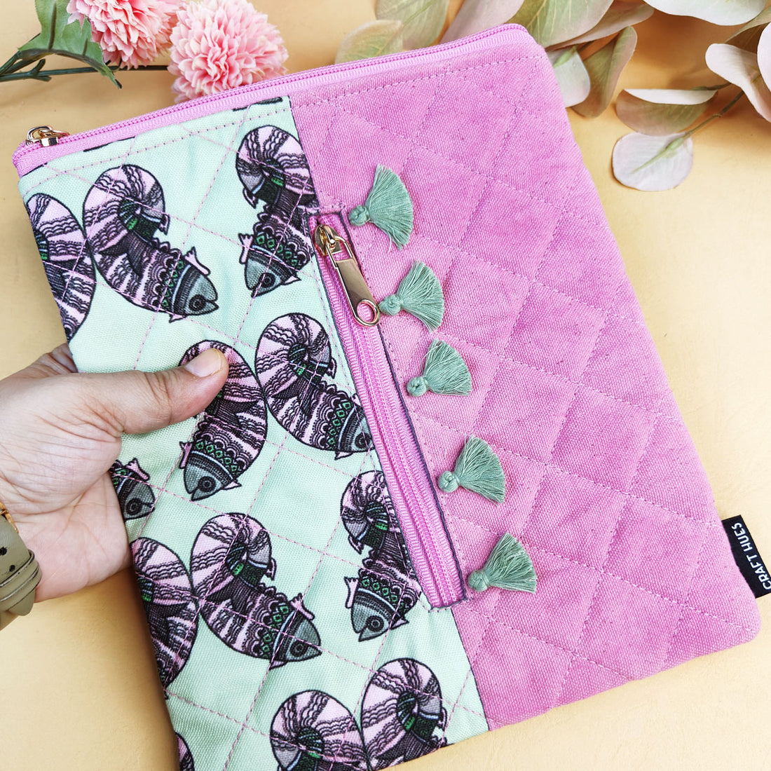 Tassle Book Cover- Gond Green Fish