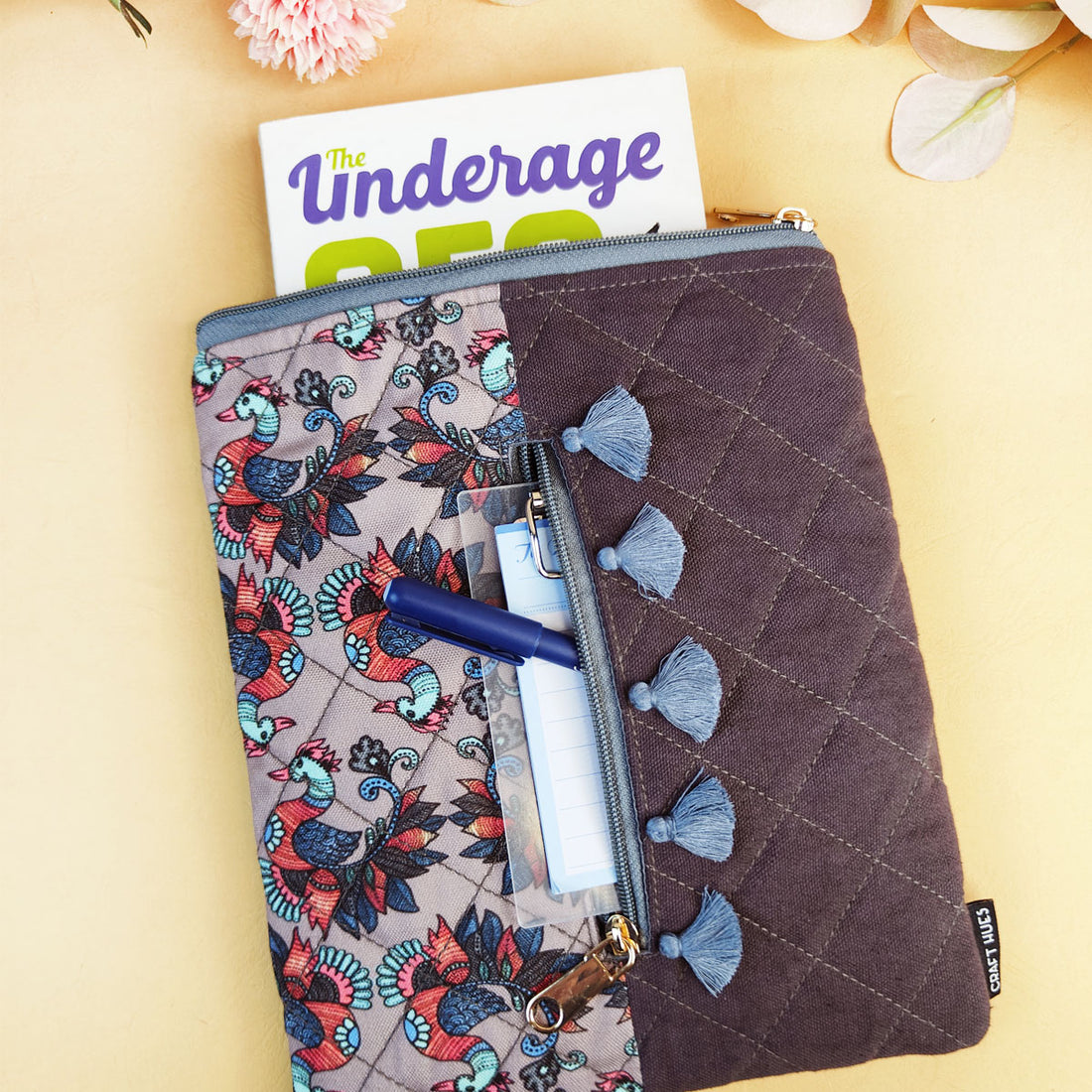 Tassle Book Cover- Gond Grey Bird