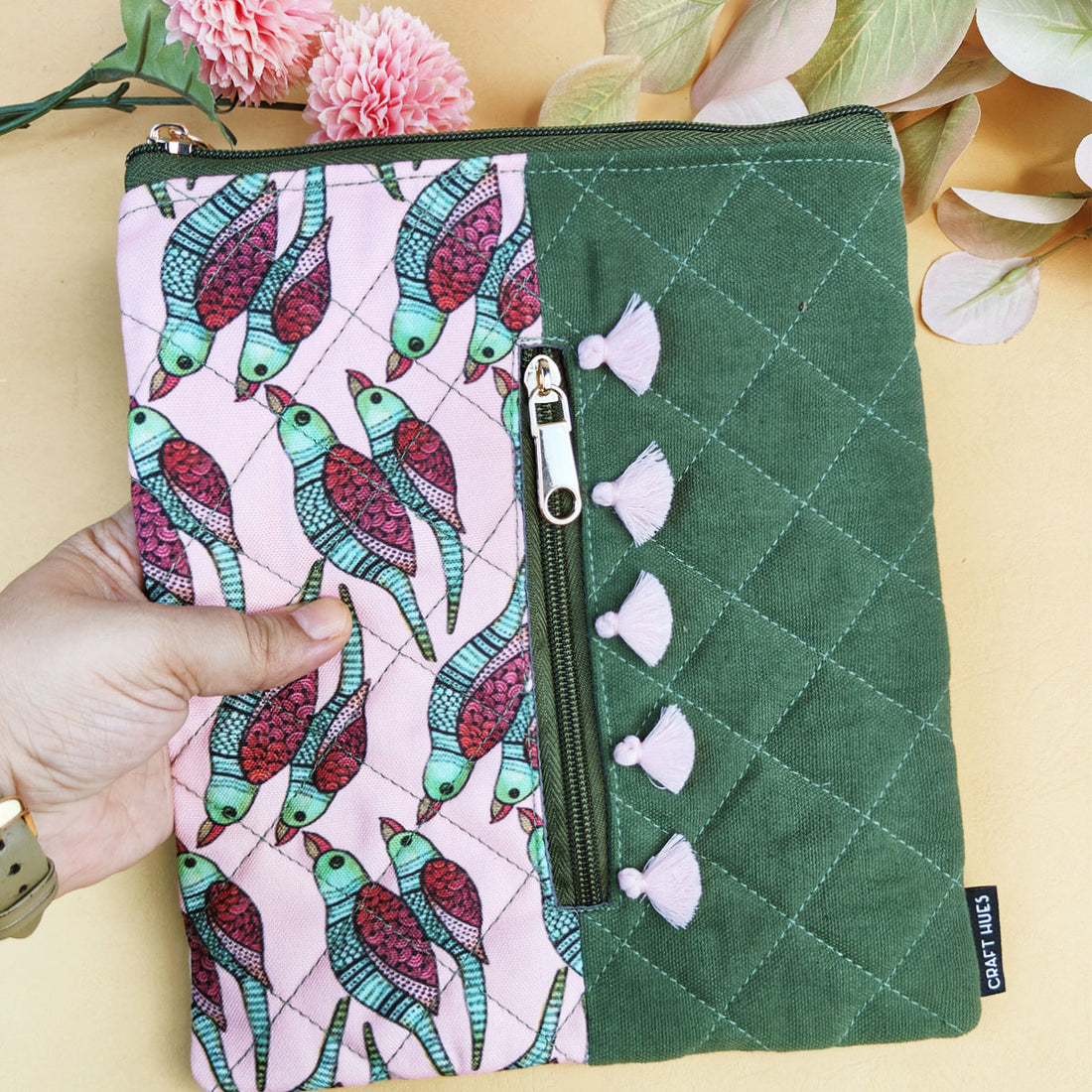 Tassle Book Cover- Gond Pink Parrot