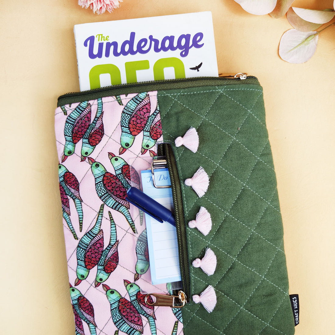 Tassle Book Cover- Gond Pink Parrot