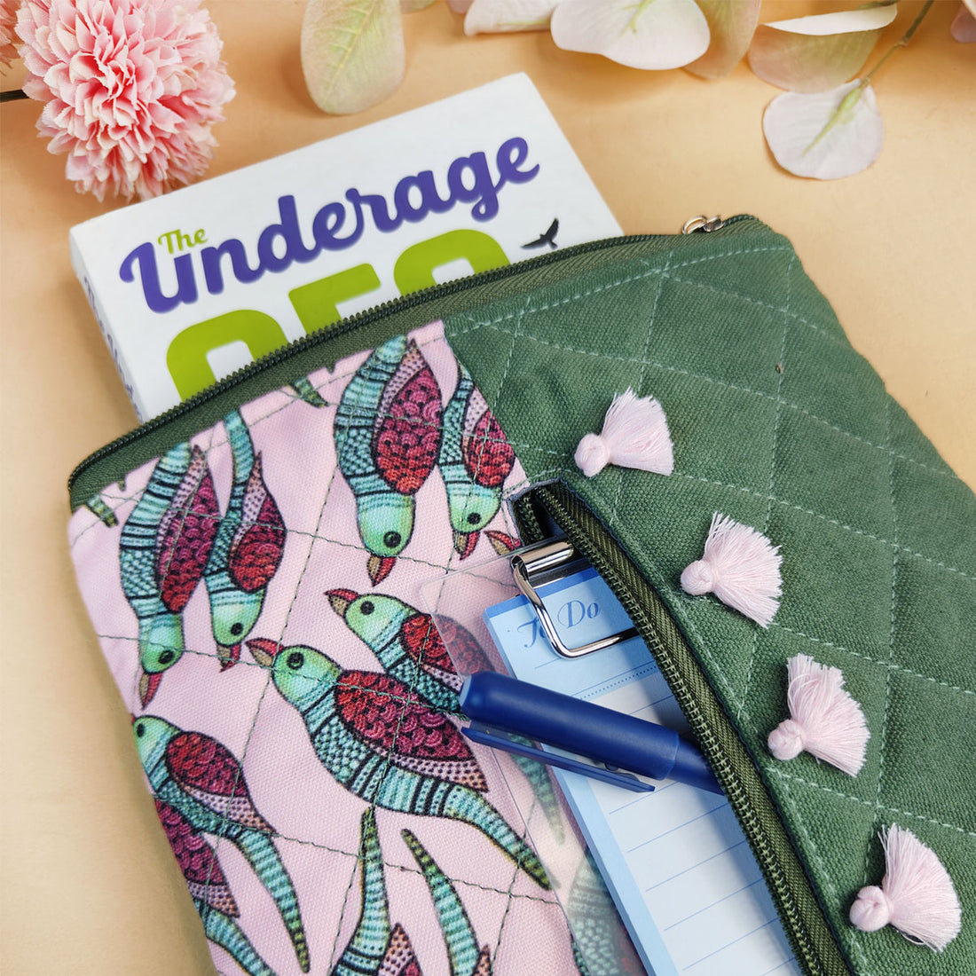 Tassle Book Cover- Gond Pink Parrot
