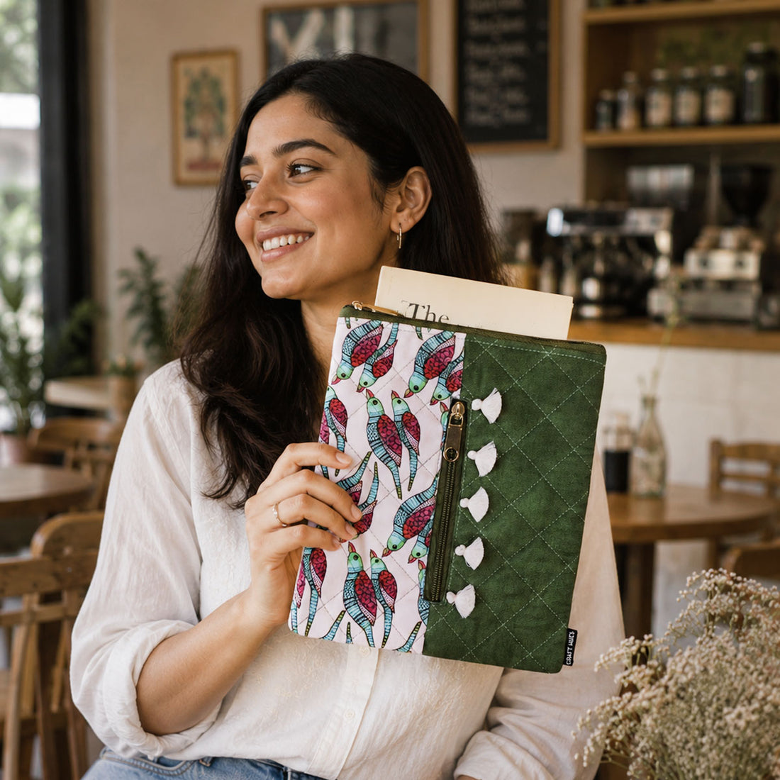 Tassle Book Cover- Gond Pink Parrot