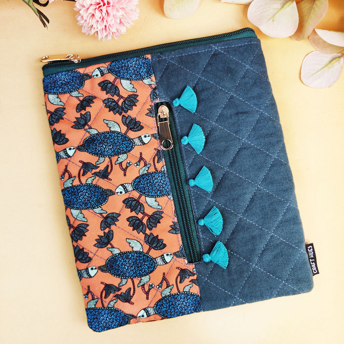 Tassle Book Cover - Gond Teal Turtle