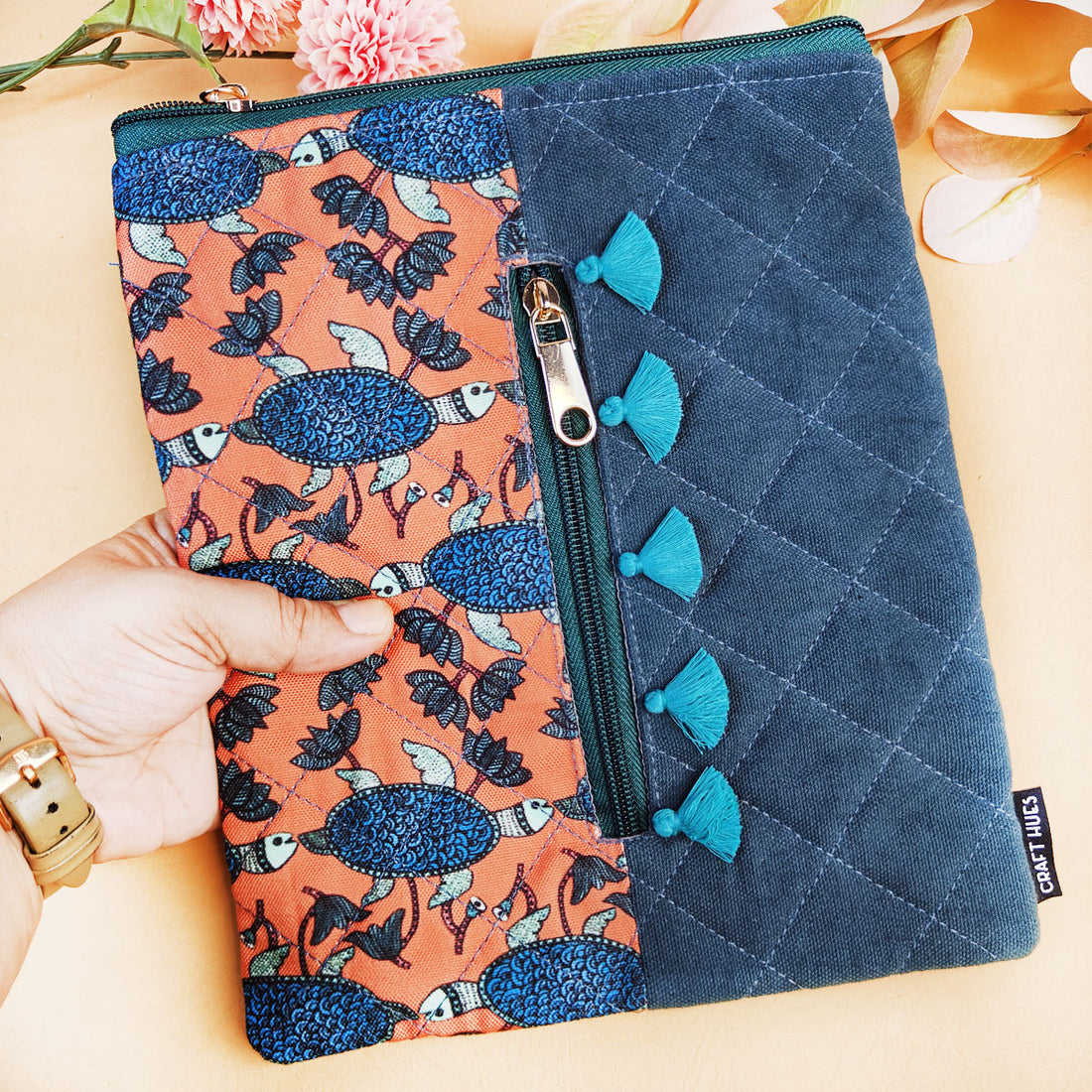 Tassle Book Cover - Gond Teal Turtle