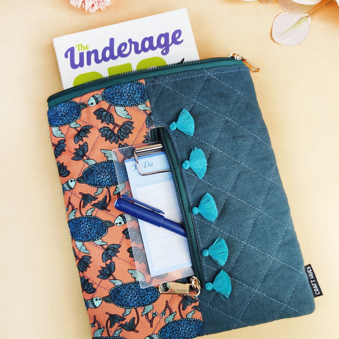 Tassle Book Cover - Gond Teal Turtle