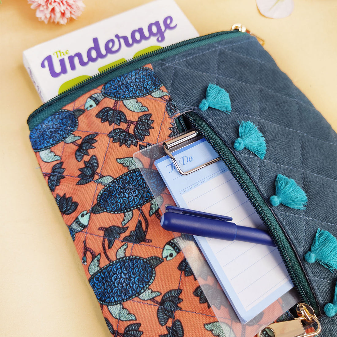 Tassle Book Cover - Gond Teal Turtle