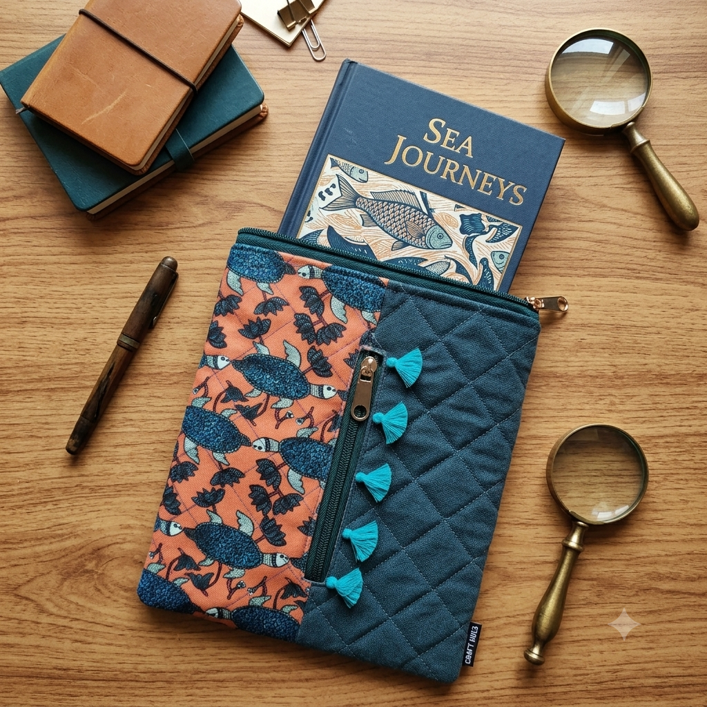 Tassle Book Cover - Gond Teal Turtle