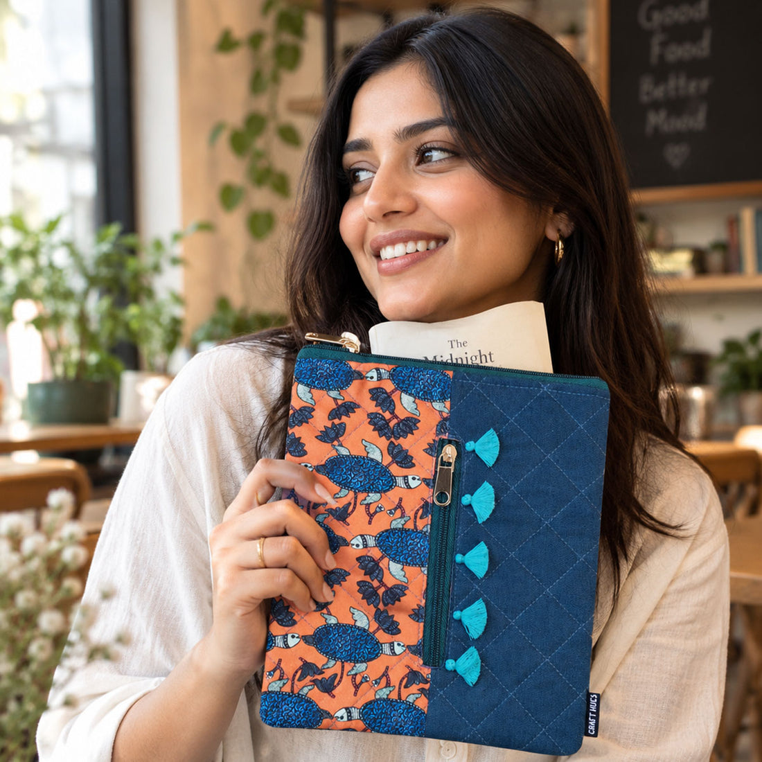 Tassle Book Cover - Gond Teal Turtle