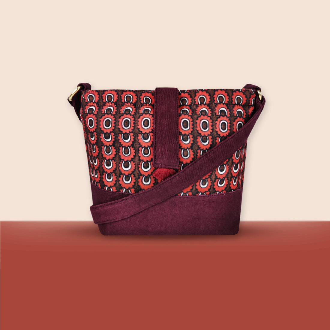 Trapeze Sling Bag- Kalamkari Maroon