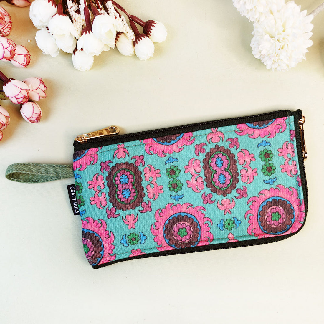 Dual-Zip Wallet- Aqua Pink Suzani