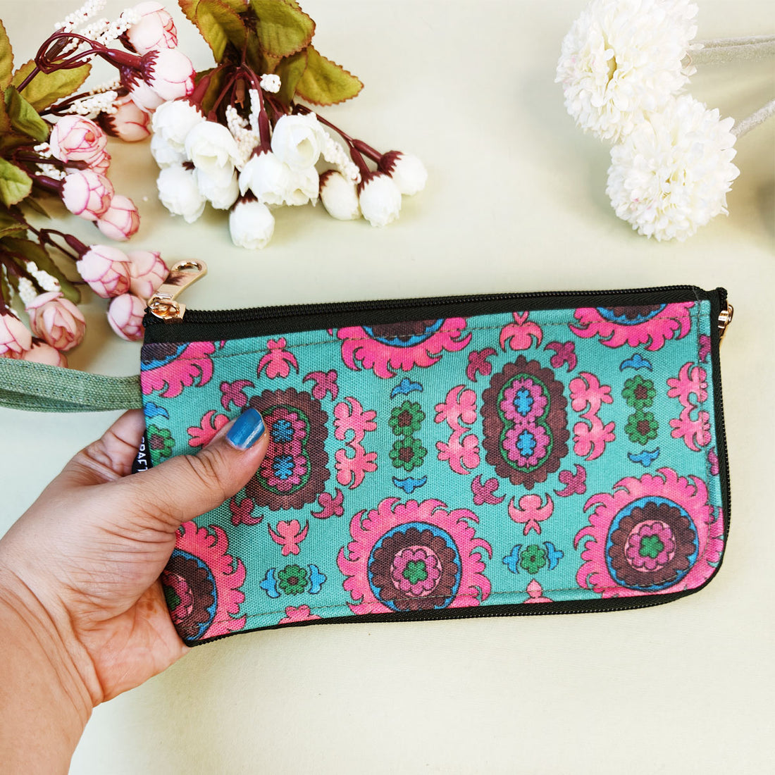 Dual-Zip Wallet- Aqua Pink Suzani