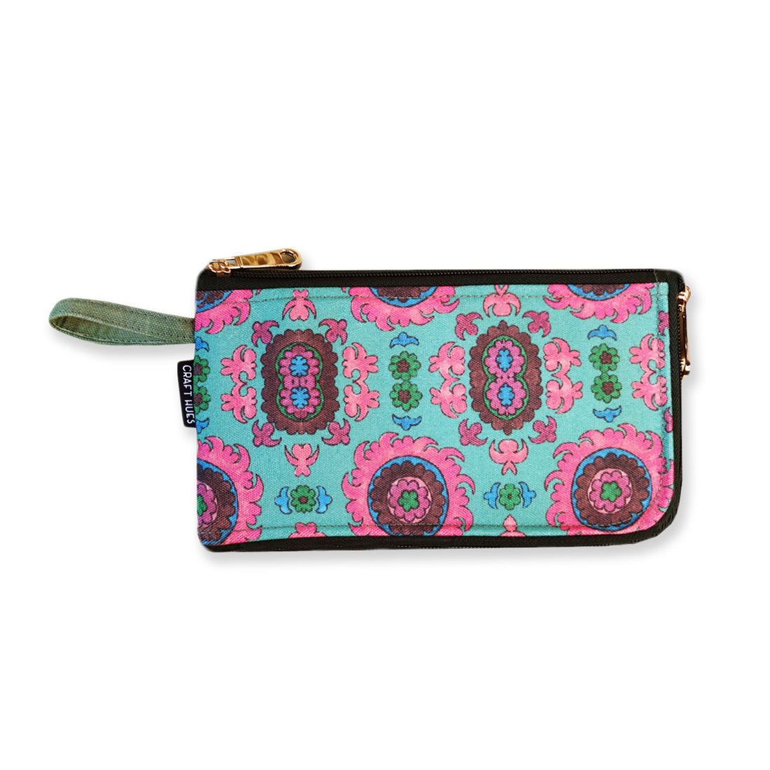 Dual-Zip Wallet- Aqua Pink Suzani