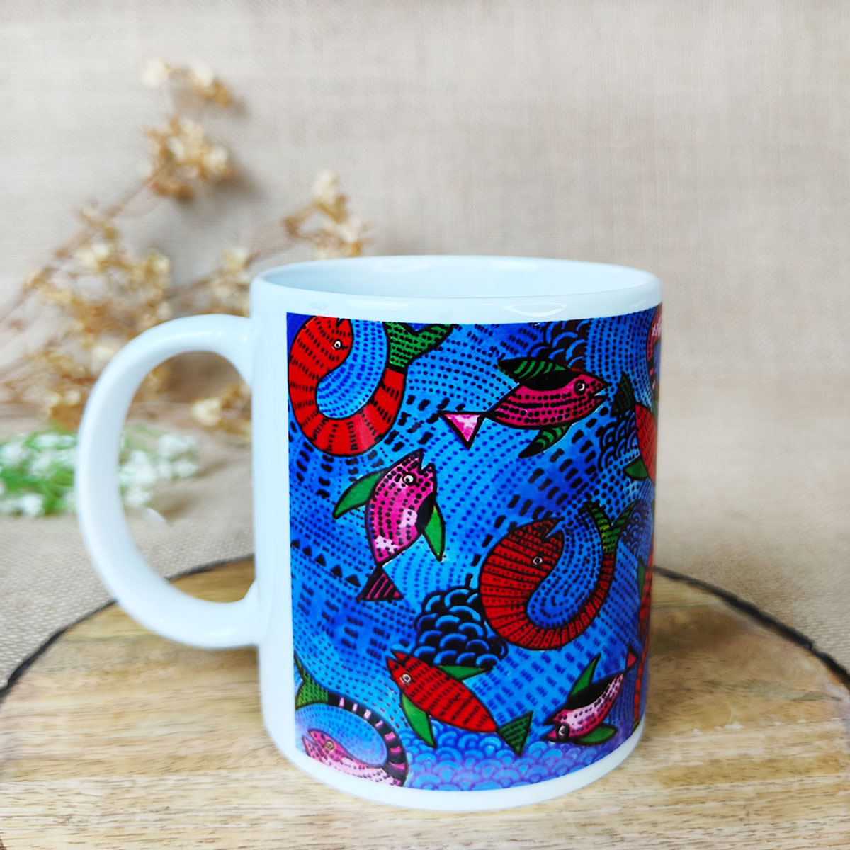 Blue Fish Gond Art Coffee Mug