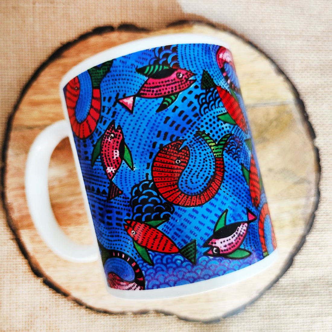 Blue Fish Gond Art Coffee Mug