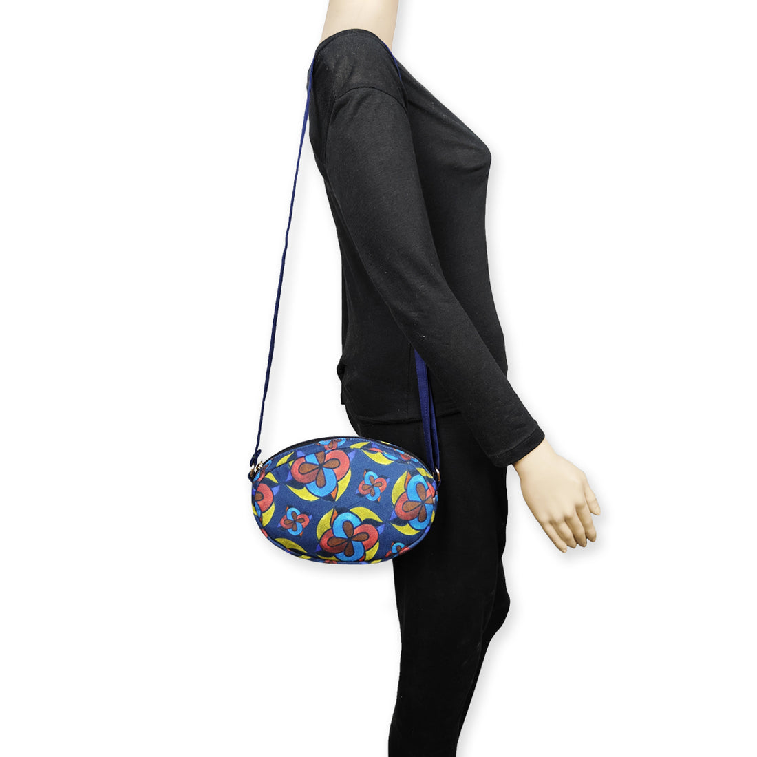 Oval Sling Bag- Blue-Red Flowers