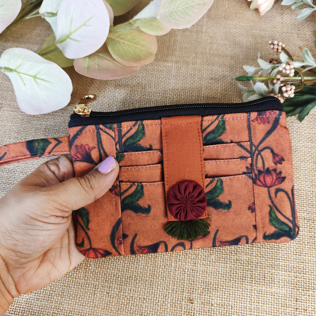 Front Card Wallet- Brown floral