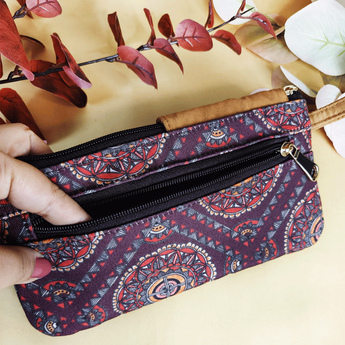 Side Flap Wallet- Brown Madhubani