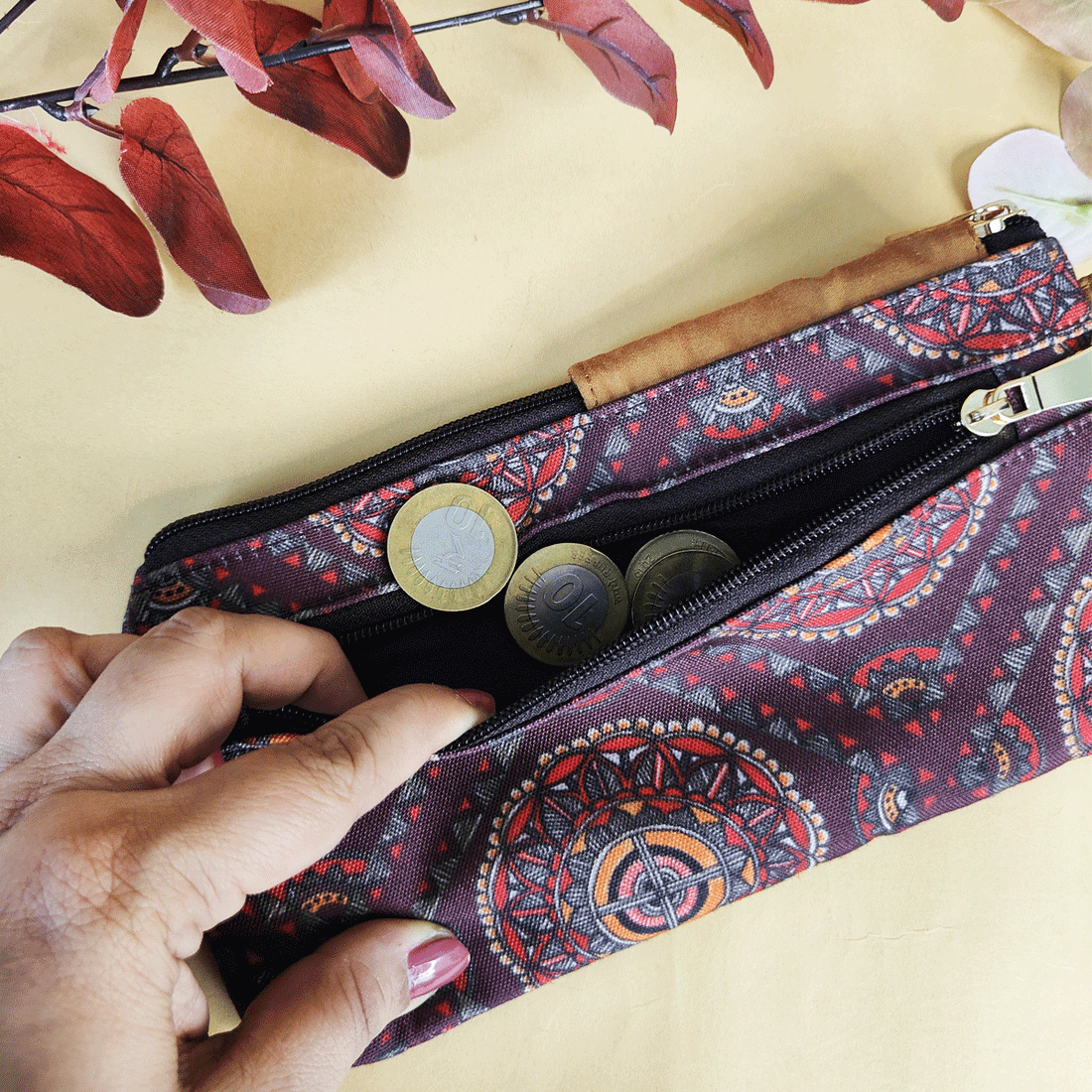 Side Flap Wallet- Brown Madhubani