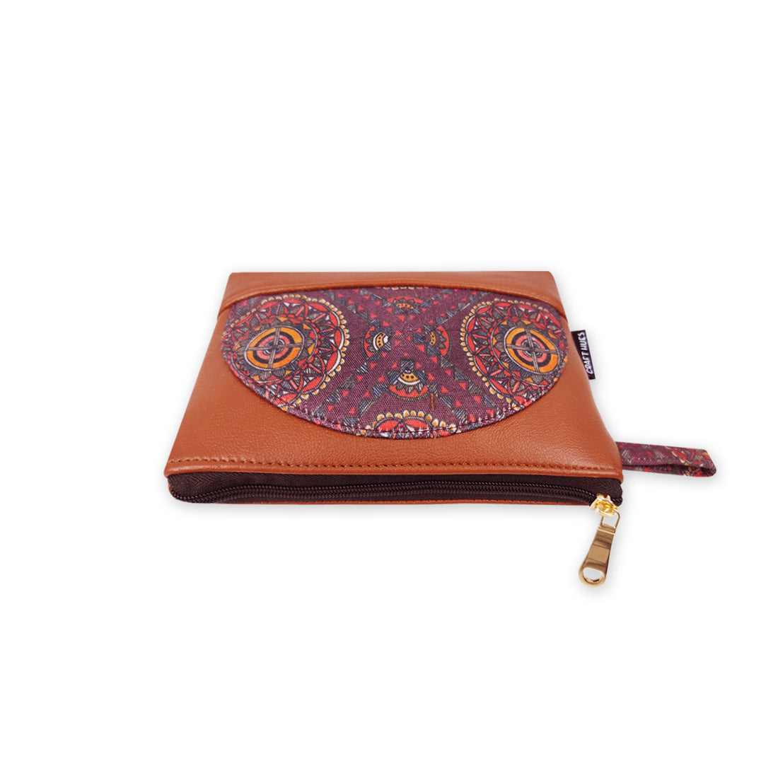 Leather Semi-circle Wallet- Brown Madhubani