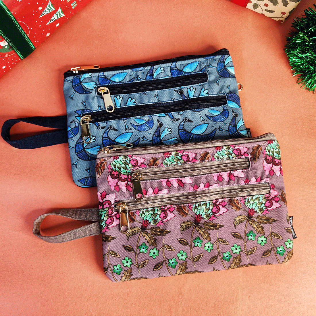 Multi-Purpose Pouch Combo-Gond Blue Bird- Mauve Garden