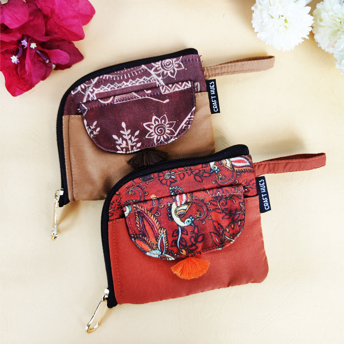 Curve Mini Wallet Combo- Red-Brown Warli/Orange Tile