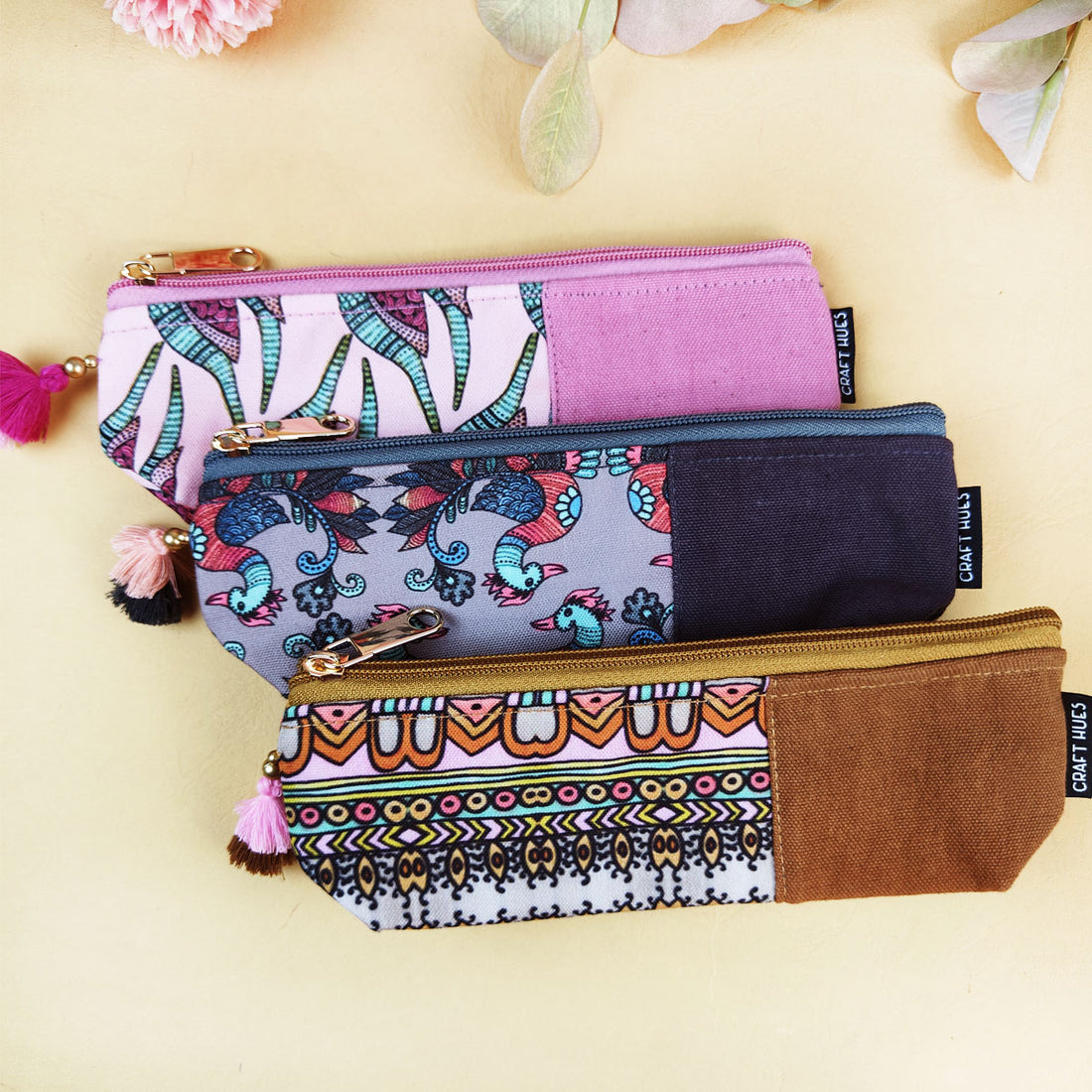 Pink-Grey-Mustard Pen Pouch Combo