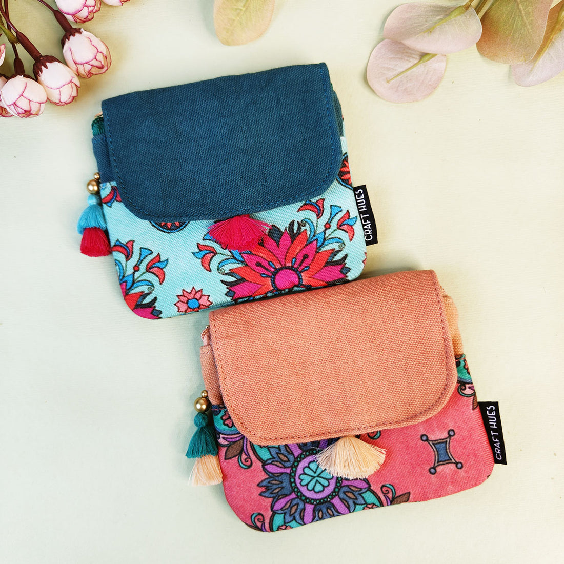 MINI FLAP WALLET- PEACH-RED TEAL TILE-PEACH PURPLE TILE