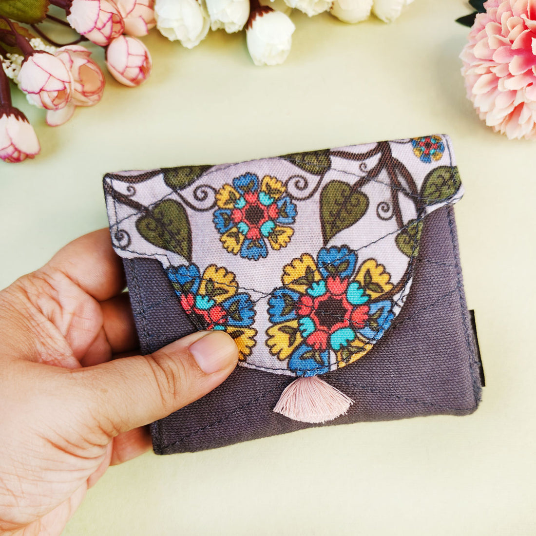Curve Flap Mini Wallet Combo-Pink Lotus-Grey Chakra