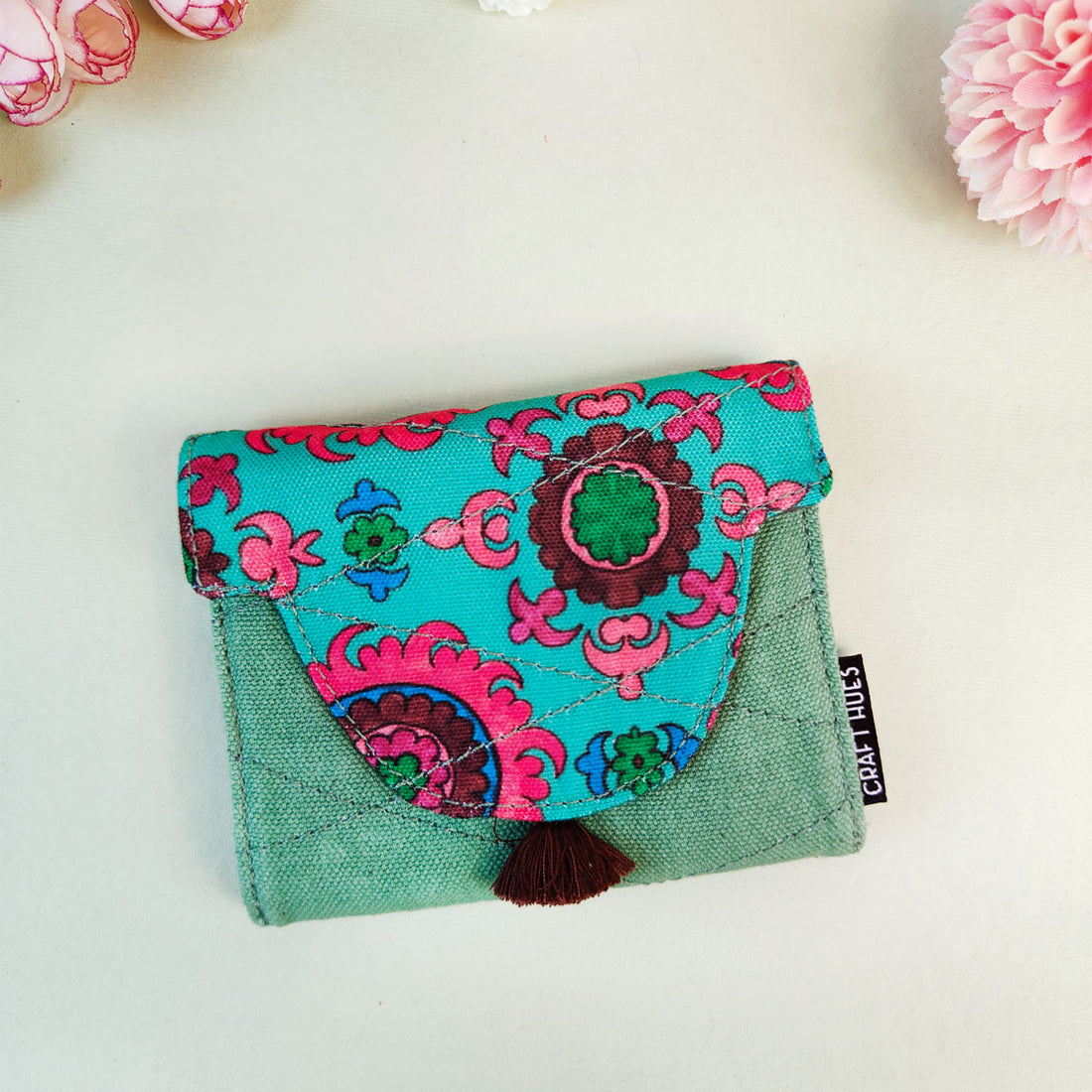 Curve Flap Mini Wallet-Aqua Pink Suzani