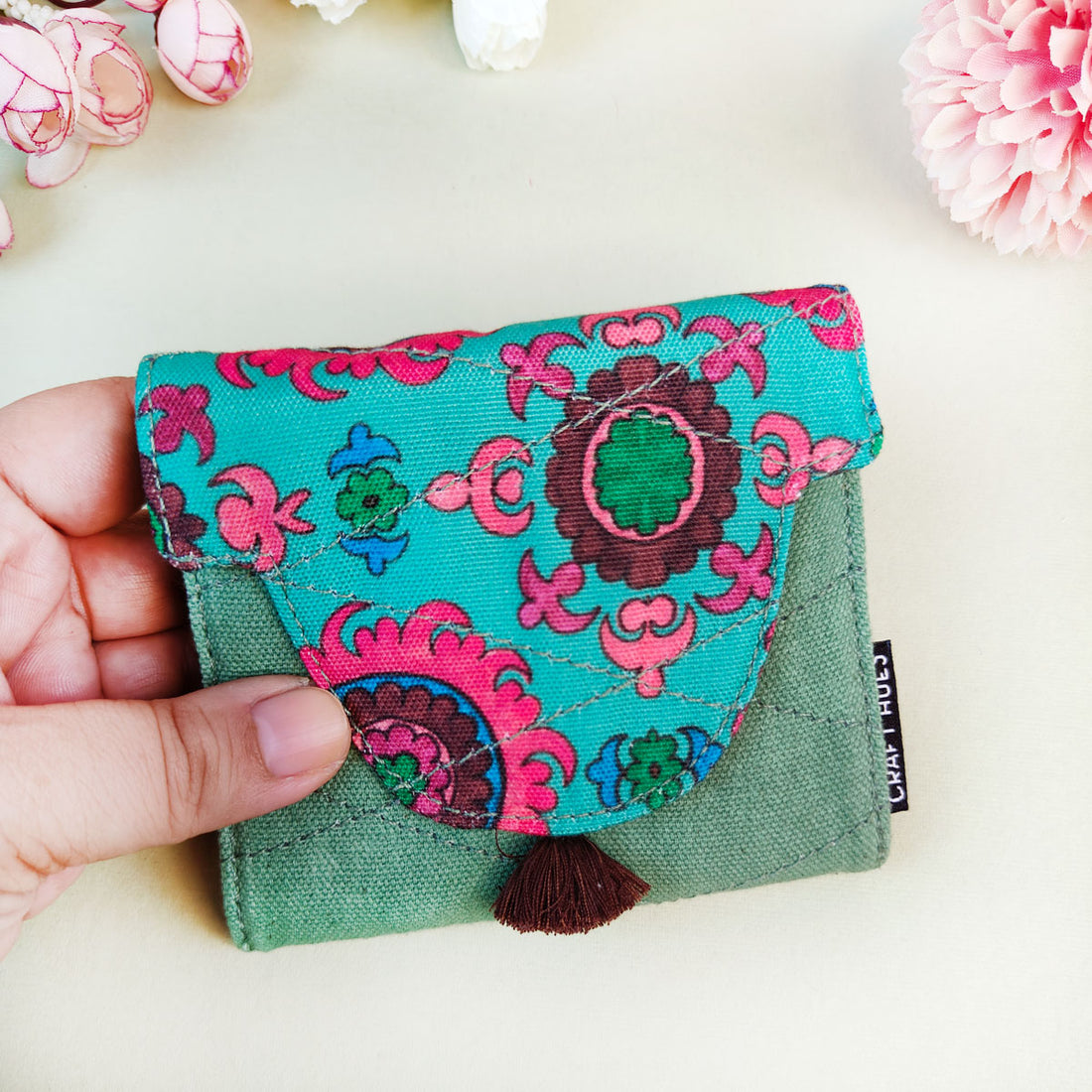 Curve Flap Mini Wallet-Aqua Pink Suzani