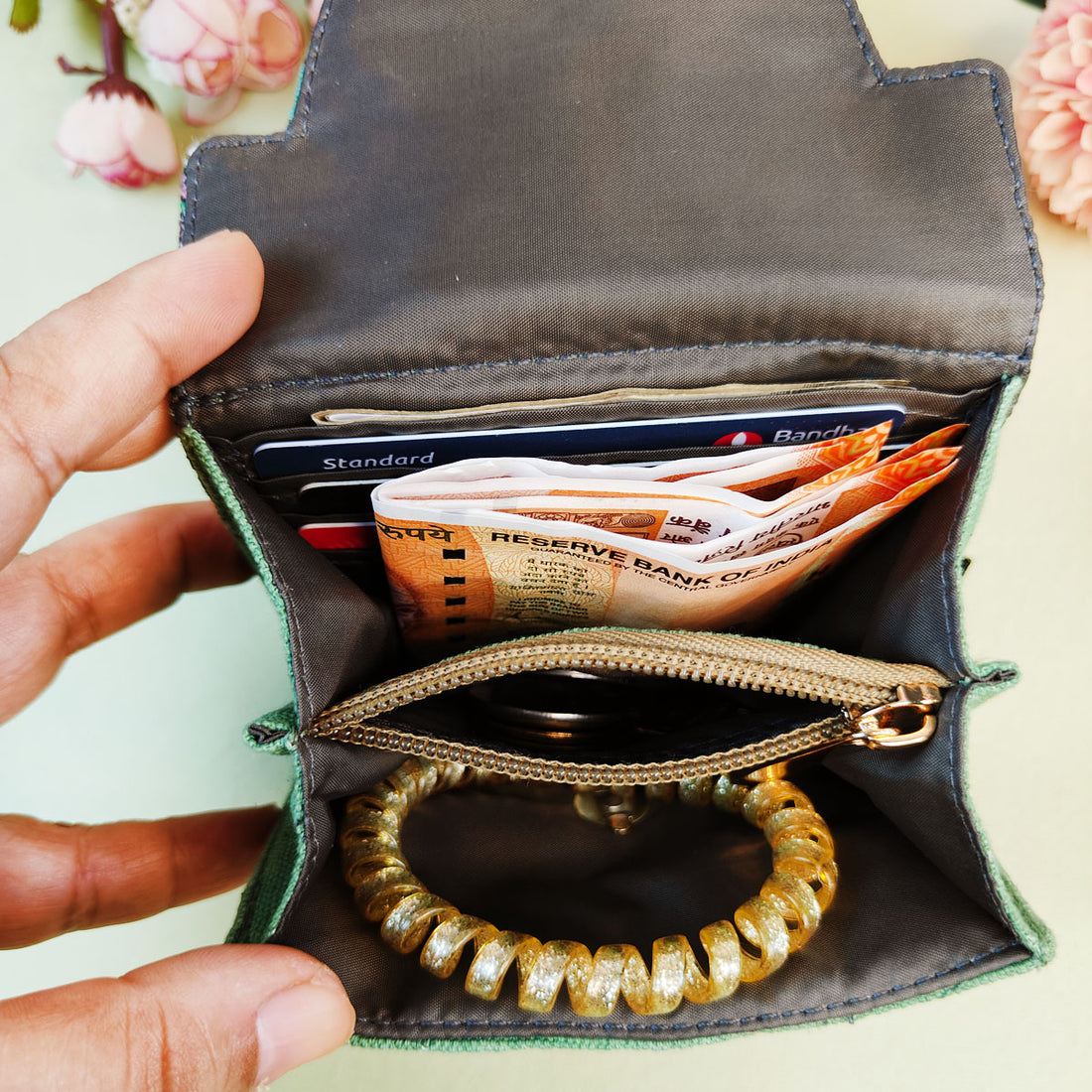 Curve Flap Mini Wallet-Aqua Pink Suzani