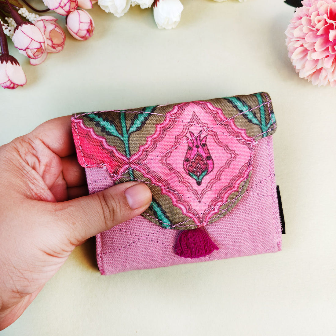 Curve Flap Mini Wallet-Jaipuri Pink Lotus