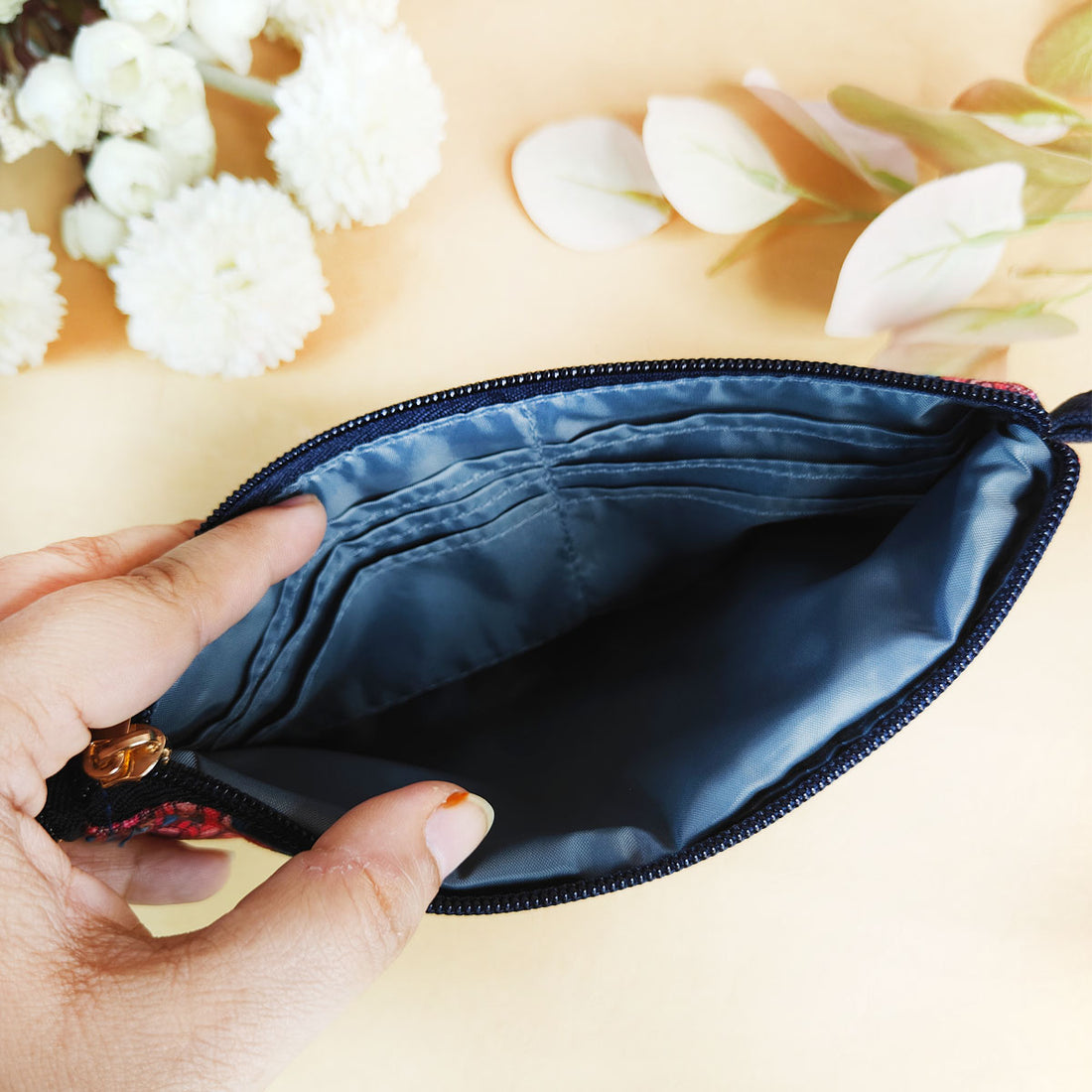 Dual zip-maroon blue tile