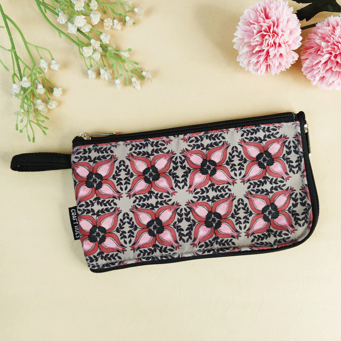 Dual-Zip Wallet- Black Maroon Floral